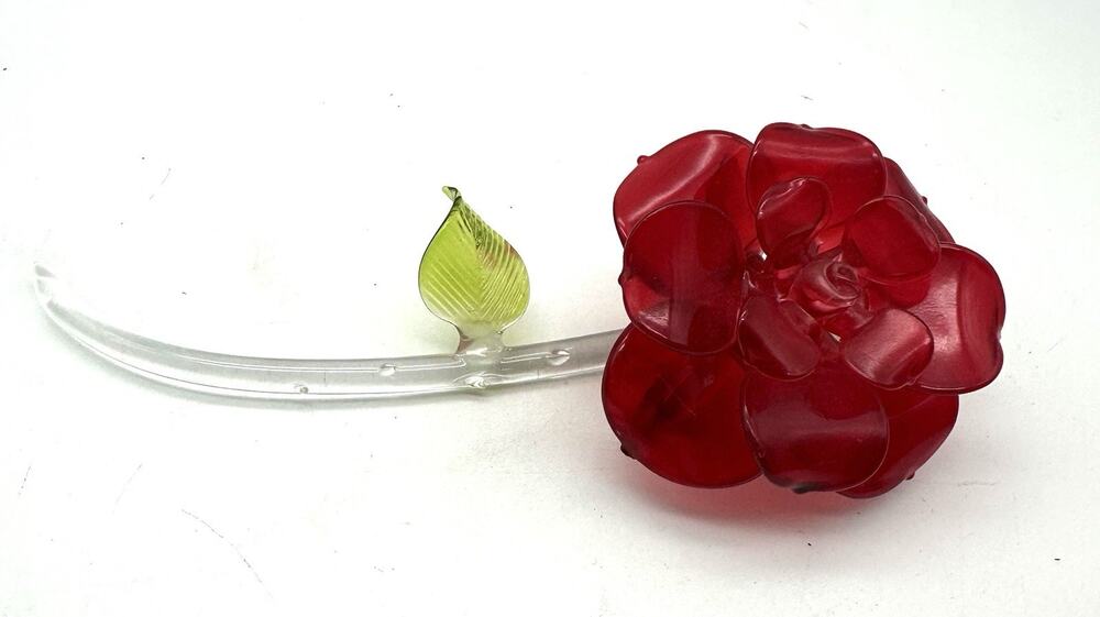 Vintage Art Glass Stem Rose With Thorns And Leaf